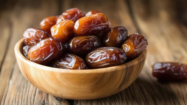 Footage Fresh dates arranged in a wooden bowl on a rustic table