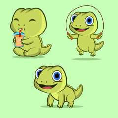 Cute Baby Crocodile Character Set Drinking and Jumping Rope Illustration