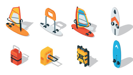 Isometric water sports gear and equipment collection for surfing and windsurfing enthusiasts
