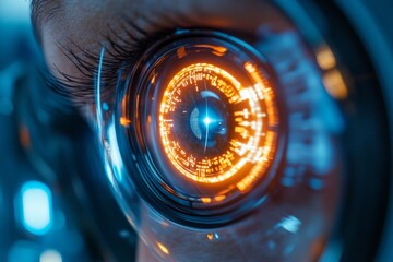 Human Eye With Holographic Overlay, Cybernetic Eye Featuring Digital Data And Neon Reflections