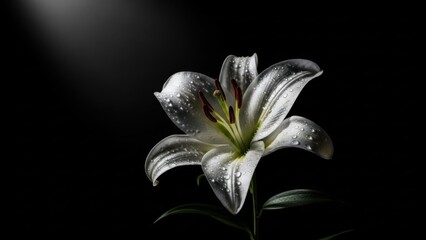 Beautiful white lily with water droplets on petals in dark background