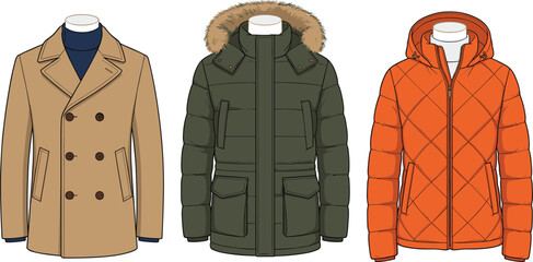 Winter, jackets, collection, fashion, outerwear, coats, parka, puffer, hooded, insulated, clothing, apparel, design, set, modern, warm, seasonal, vector, illustration, isolated © MstAfzalun