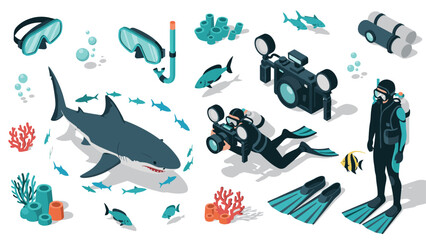 Underwater adventure: scuba diving and marine life exploration in isometric style