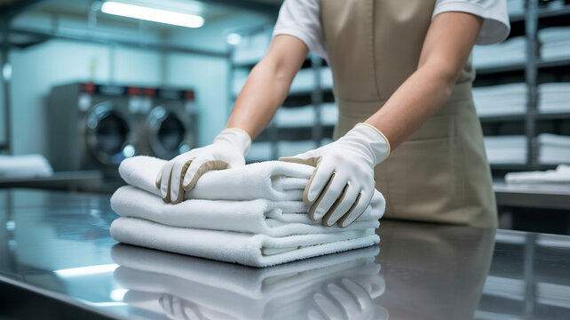 AI-generated illustration of worker folding clean towels in modern laundry facility, professional textile service and hygiene concept