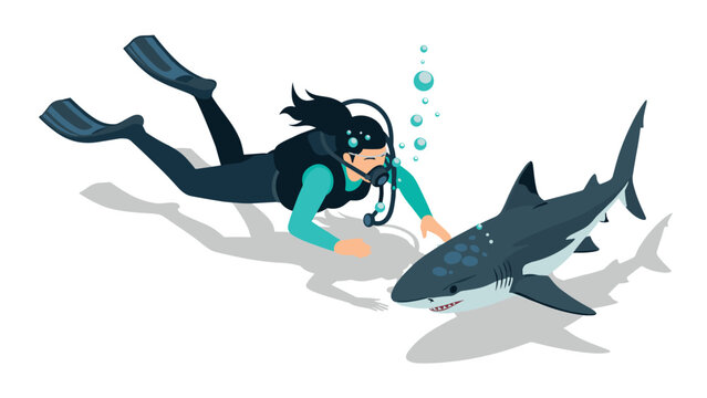 Scuba diver encountering shark in a dynamic flat underwater scene