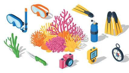 Fototapeta premium Isometric diving equipment and coral reef elements set
