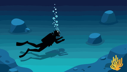 Scuba diver silhouette underwater adventure in deep sea with coral and bubbles