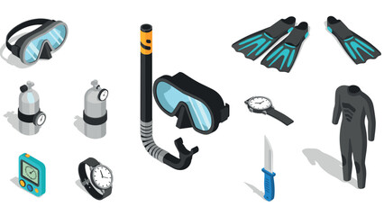 Scuba diving gear set with snorkel and flippers in isometric design