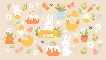 Set of spring and Easter vector illustrations in a cute kids style: bunnies, chicks, butterflies, bees, flowers, decorated eggs, cakes, and seasonal elements.  © ugina