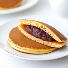 Pancakes with a soft texture filled with sweet red bean paste, served on a white plate. Perfect for dessert or breakfast.