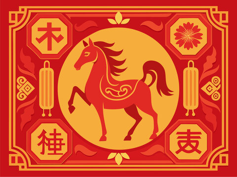 Chinese New Year background, illustration of a horse, the ancient Chinese zodiac animal.