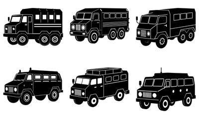 Six Black Silhouette Vintage Military Trucks on White Background
