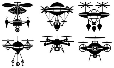 Fototapeta premium Collection of six futuristic flying vehicles in black silhouette style on white background