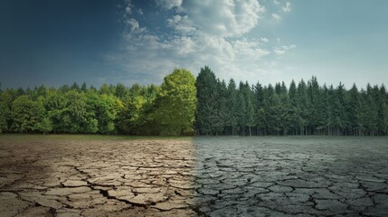 Contrast between dry cracked land and lush green forest. climate change