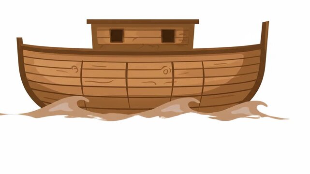 Animated Cartoon Noahs Ark Sailing on Water Isolated on White Background