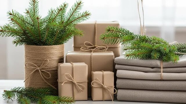 Eco-friendly Christmas Gifts Wrapped in Kraft Paper with Pine Branches