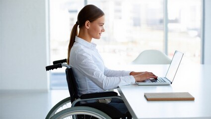 A woman in a wheelchair is focused on her laptop while sitting at a bright, modern office desk. Professional workspace for inclusivity.