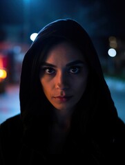 A woman wearing a black hoodie stares intensely at the camera in a dimly lit environment. Mysterious and captivating atmosphere.