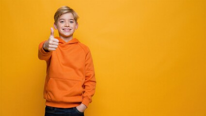 A cheerful boy wearing an orange hoodie smiles and gives a thumbs up against a bright yellow background. Positive attitude and happiness.