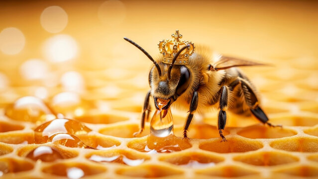 A close-up of a beautiful queen bee in a golden crown, sitting on a frame of honeycombs filled with fresh amber honey