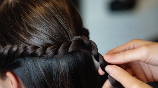 Footage A woman styles her hair with a traditional braid, perfect for everyday use or special occasions