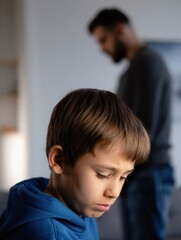A young boy in a blue hoodie looks down with a sad expression while his father stands in the background, creating a sense of emotional distance. Family conflict and emotions.