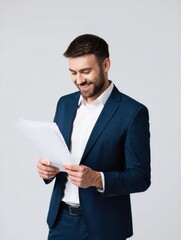 A smiling businessman in a blue suit is reading documents with a satisfied expression. Professional success and achievement.