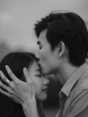 A young couple sharing an intimate moment outdoors, with the man kissing the woman's forehead. Black and white photography captures their affection and connection.