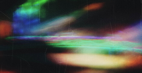 Old film light leaks texture with scratches, noise, iridescent light. Rainbow lens flare effect, camera film filter with bokeh, dust, grain. Distressed retro movie, photo burn effect. 3D vector
