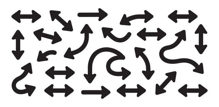 A diverse set of black arrow vector icons featuring double-ended and curved designs on a pristine white background