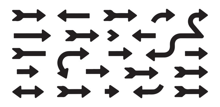 A comprehensive set of black arrow vector icons with solid fills and various styles on a clean white background
