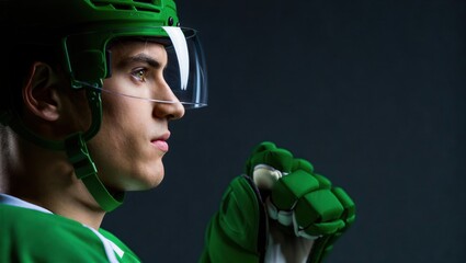A focused hockey player in a green uniform is preparing for a game, showcasing determination and readiness. Sports and competition concept.
