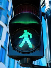 Green pedestrian traffic light illuminated, indicating safe crossing for pedestrians. Urban traffic safety concept.