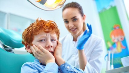 A young boy with curly red hair looks scared while sitting in a dental chair. The dentist, wearing gloves, prepares to examine him. Dental anxiety in children.