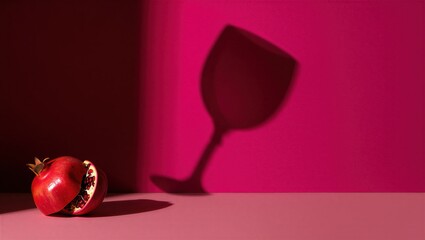 A vibrant pomegranate rests on a pink surface, casting a shadow of a wine glass. Bold colors and shapes create a striking visual contrast.