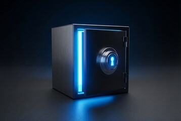 Modern digital safe with blue neon light on dark background for secure storage technology