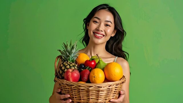 Smiling Woman Holding Basket of Fresh Fruits on Green