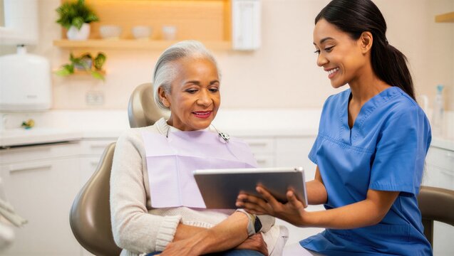 A dentist in blue scrubs shows a senior patient information on a tablet during a dental consultation. Modern dental care experience.