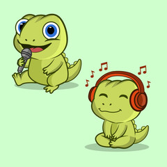 Cute Baby Crocodile Singing and Listening to Music Cartoon Illustration