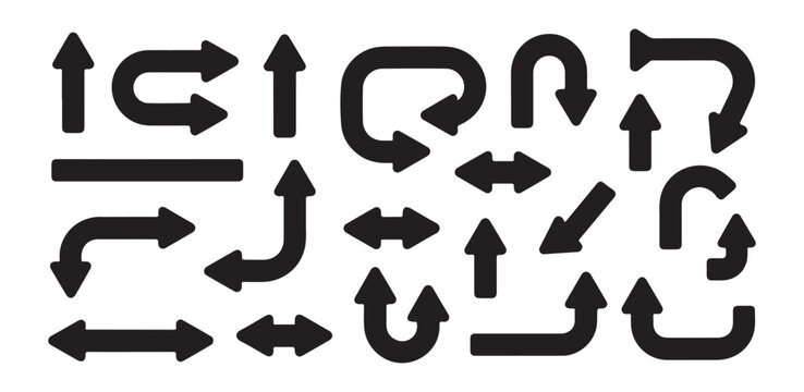 Large collection of bold vector arrows showing turns double directions connecting paths and various thick black curved navigation symbols