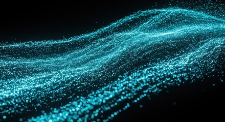 A digital artwork featuring a wave of tiny blue dots on a black background