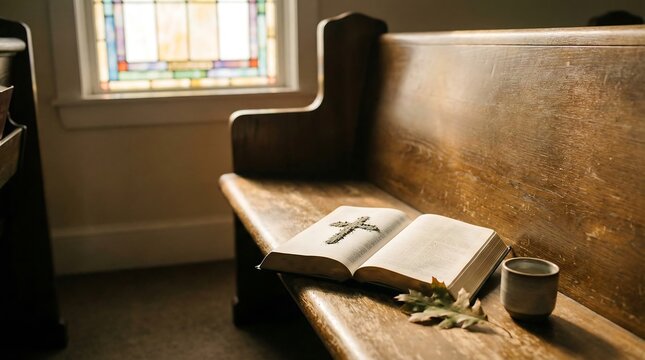Open bible on wooden church pew with soft stained glass window light and cross