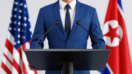 A man in a blue suit stands at a podium with microphones, flanked by the flags of the United States and North Korea. Political speech setting.