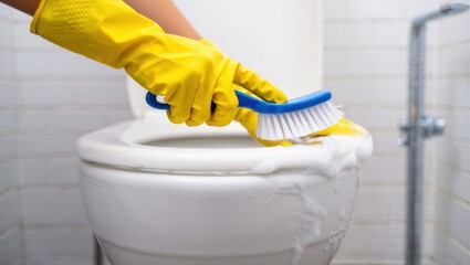 A person wearing yellow rubber gloves scrubs a toilet bowl with a brush, creating foam. Bathroom cleaning concept.