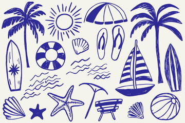 Hand drawn summer beach elements palm trees sun sailboat and seaside accessories © ShambhuNath