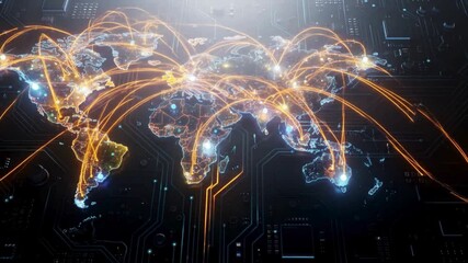 Global data connectivity animation video with digital world map and glowing network lines, international communication, internet infrastructure, futuristic technology background - Powered by Adobe