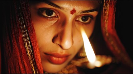 A close-up of a woman's face illuminated by a candle in a dark environment