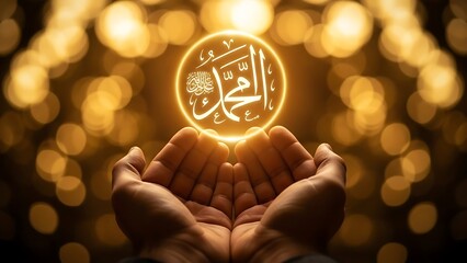 Radiant Islamic calligraphy in cupped hands, surrounded by golden bokeh. Spiritual reverence and divine light concept.