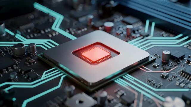 Glowing core processor animation video on modern circuit board with data flow lines, digital computing systems, electronic hardware, futuristic technology background