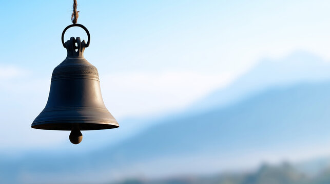 Bronze bell hanging, rope detail, background blur of mountains and sky. Symbolizing religion, temple, sound, ritual, and meditation